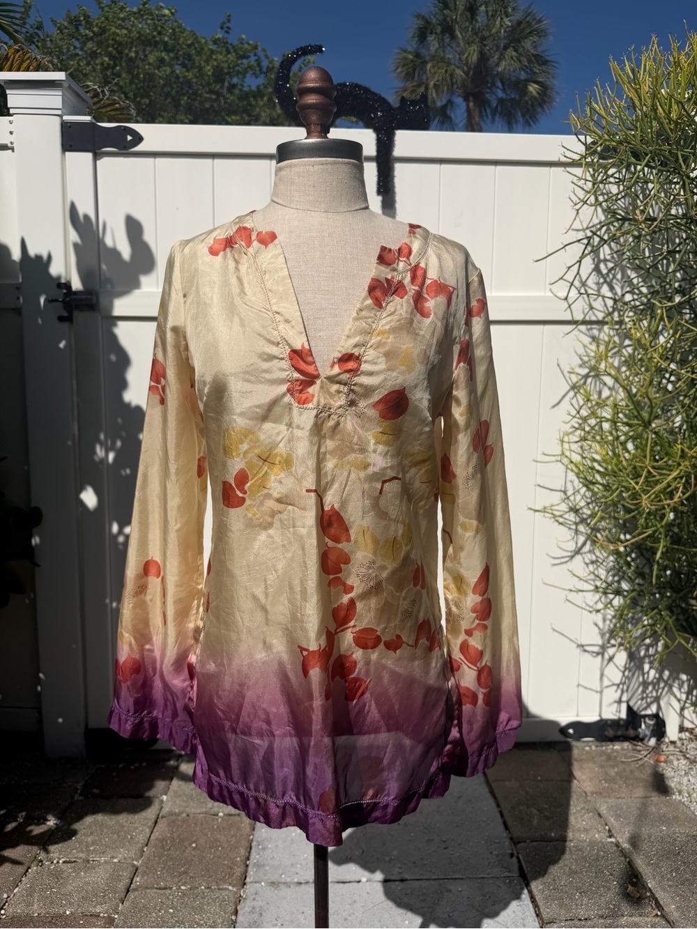 y2k Lucky Brand Silk Ombre Floral Blouse - Vintage Dyed Tunic